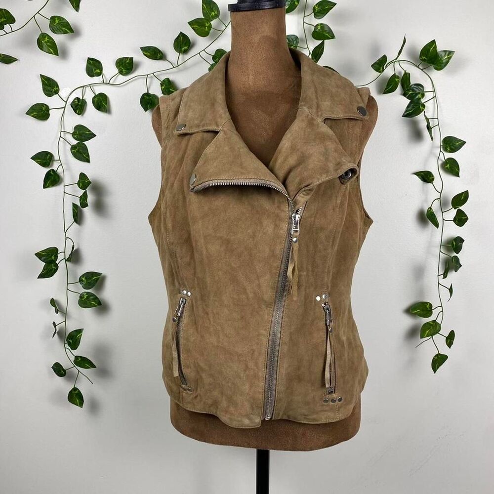Blanc Noir tan suede leather vest western biker moto jacket studded earthy boho